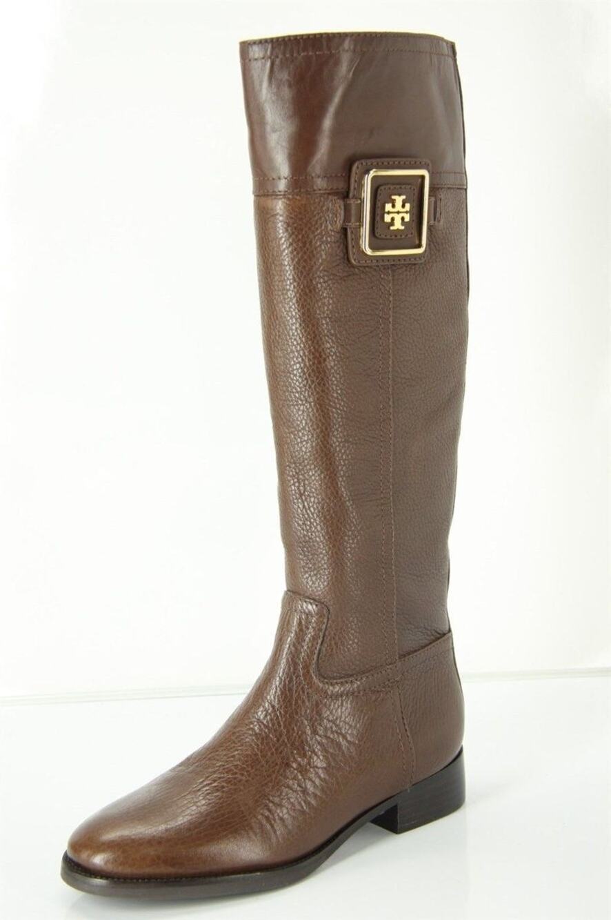 Tory Burch Leather Julian Logo Plaque Riding Boots  Coconut 5.5